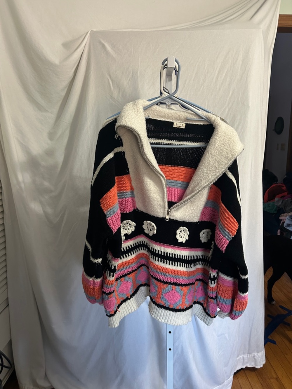 POL Striped Knit Cowl Half-Zip Sweater in Black, Pink & Coral